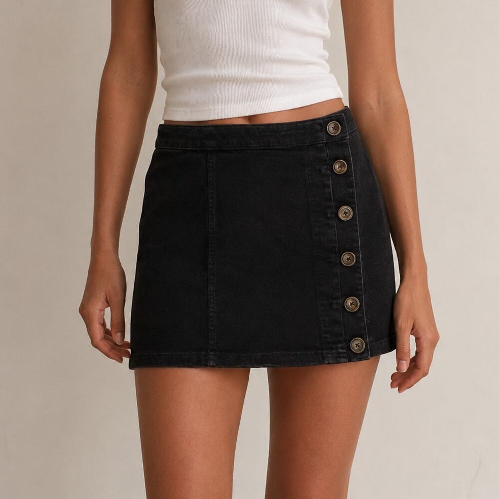 Wishlist Jeans Black Button Front Mini Skirt Retro Coquette Prep Size Large